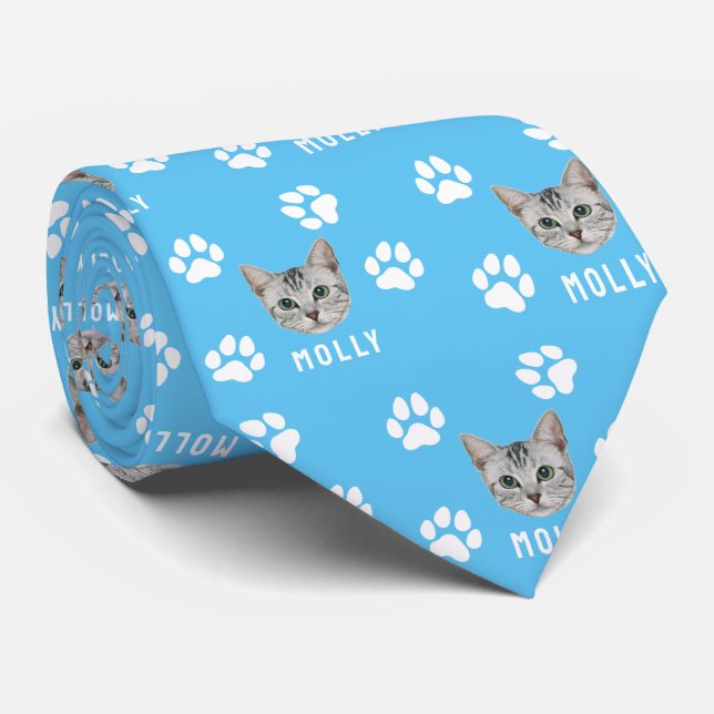Customised Cat Pet Photo & Name Blue Tie (Rolled)
