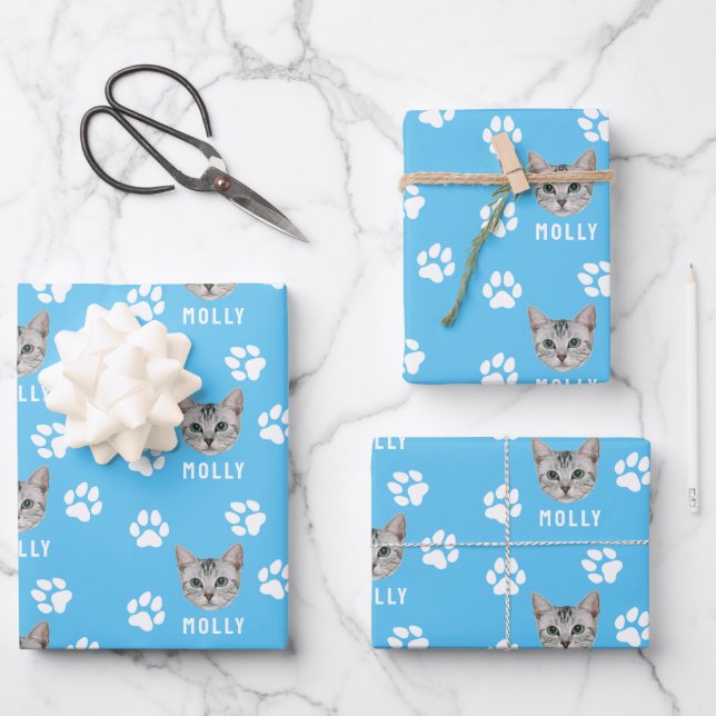 Customised Cat Pet Photo & Name Blue Wrapping Paper Sheet (Front)