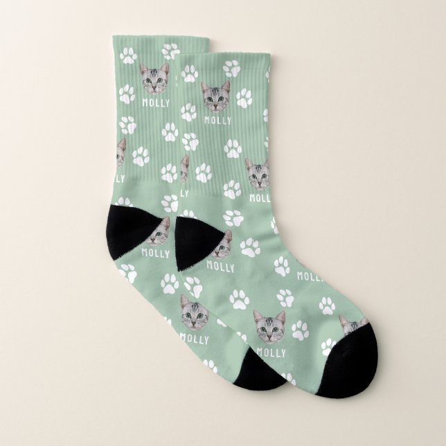 Customised Cat Pet Photo & Name Sage Green Socks (Pair)