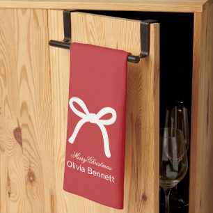 Customised Christmas Beautiful Red White Rope Bow Tea Towel