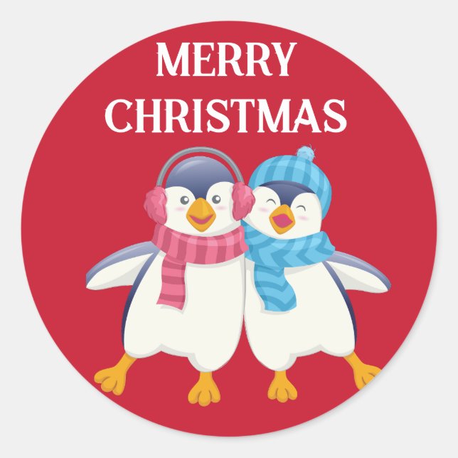 Customised Christmas cute Penguins  Classic Round Sticker (Front)