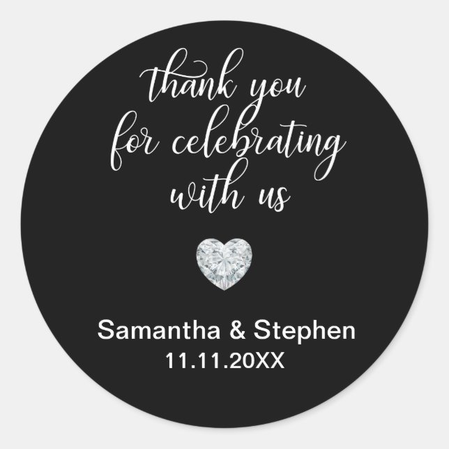 Customised Classic Diamond Black & White Wedding Classic Round Sticker (Front)