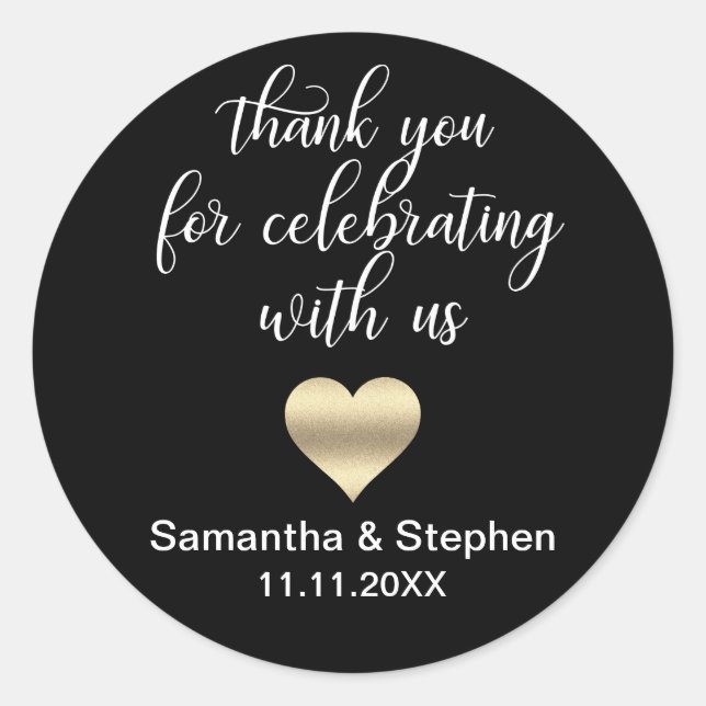 Customised Classic Gold Heart Black White Wedding Classic Round Sticker (Front)