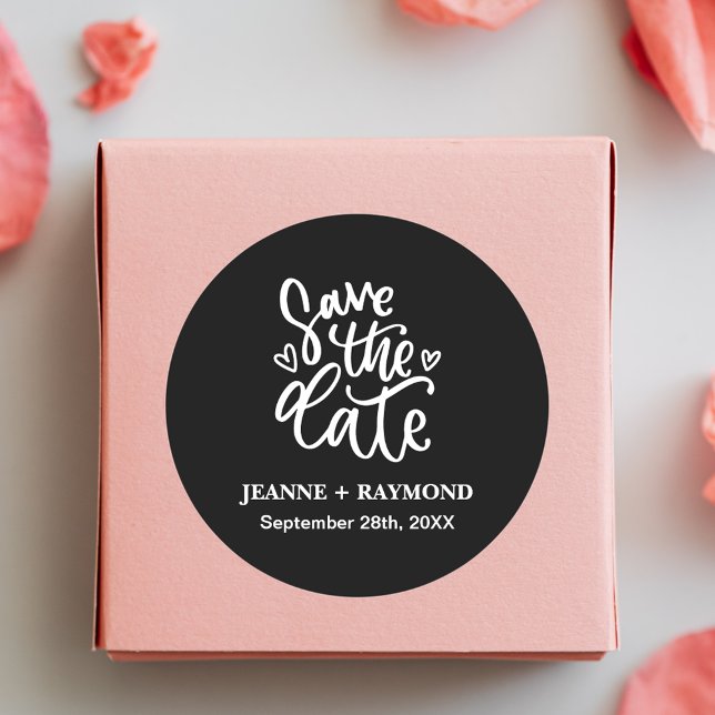 Customised Clean Black Wedding Save the date Classic Round Sticker (Creator Uploaded)