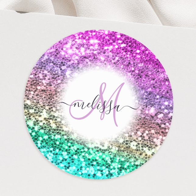 Customised Colourful Glitter Mermaid Monogram Name Classic Round Sticker (Creator Uploaded)