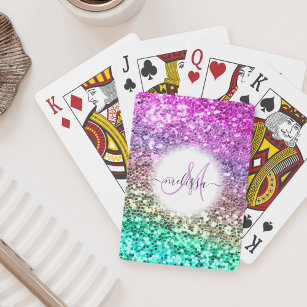 Customised Colourful Glitter Mermaid Monogram Name Playing Cards