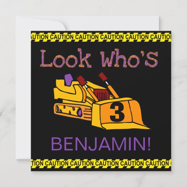 Customised Construction Bulldozer Birthday Invites (Front)