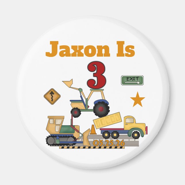 Customised Construction Vehicles 3rd Birthday Magnet (Front)