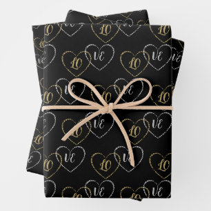 Customised Couple Heart Charms Silver Gold, Black Wrapping Paper Sheet