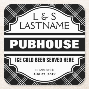 Customised Couple Pubhouse Beer Here Square Paper Coaster