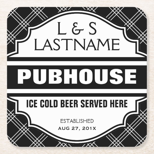 Customised Couple  Pubhouse Beer Here Square Paper Coaster (Front)