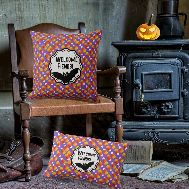 Customised Crazy Candy Corn Black Bat Cushion (Fiends, friends or family...welcome all to your spooky home this Halloween!)