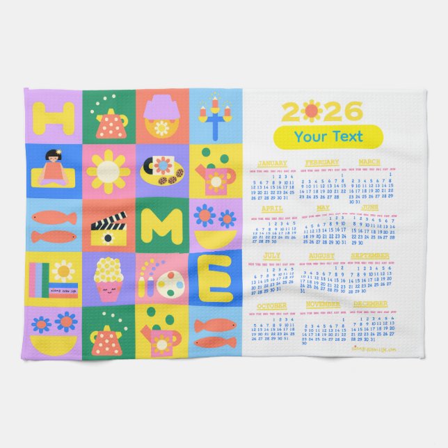 Customised Cute and Happy Home Calender 2026 Tea Towel (Horizontal)