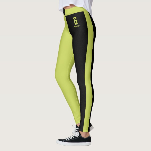 Customised Cute Black Apple Green Stripes Monogram Leggings (Left)