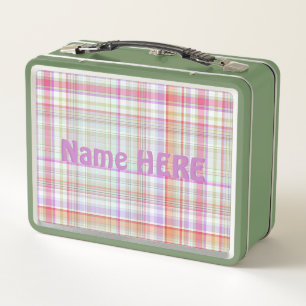 Customised Cute Elegant Purple Green Plaid Pattern Metal Lunch Box