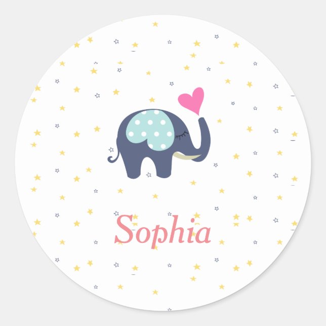 Customised Cute Elephant and  Stars Pattern Classic Round Sticker (Front)