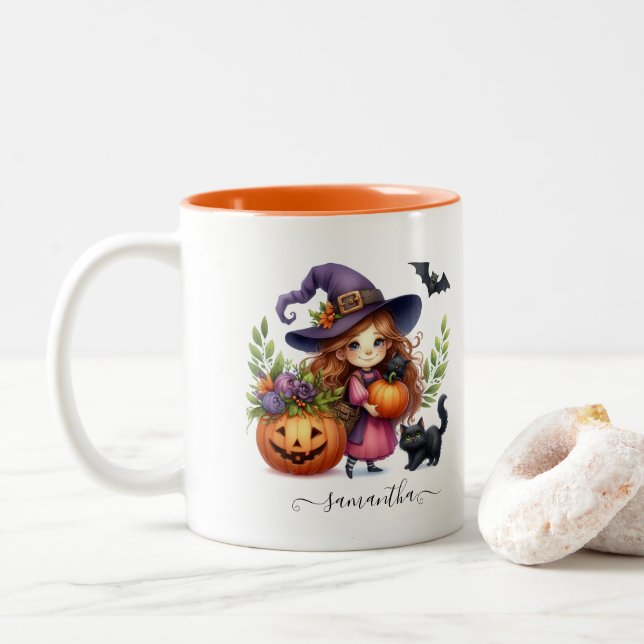 Customised Cute Halloween Witch Two-Tone Coffee Mug (With Donut)