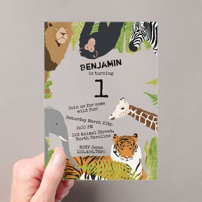 Customised Cute Jungle Animals Safari Birthday Acrylic Invitations (Insitu (Handheld))