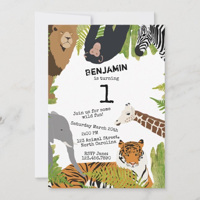 Customised Cute Jungle Animals Safari Kids Invitation (Front)