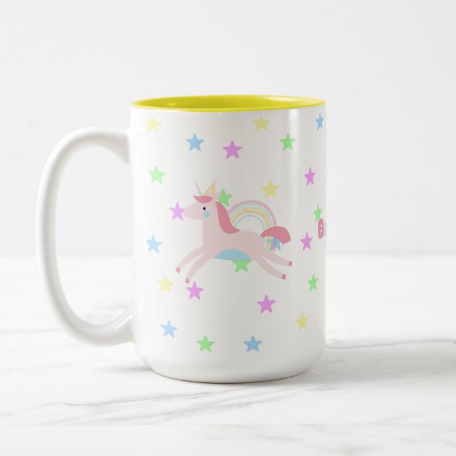 Customised Cute pastel Unicorn rainbow birthday Two-Tone Coffee Mug (Left)