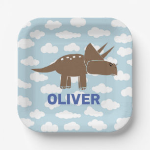 Customised Cute Triceratops Dinosaur Kids Birthday Paper Plate