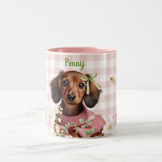 Customised Dachshund Pink & Green  Two-Tone Coffee Mug (Center)