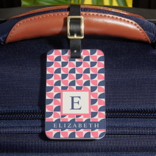 Customised Dark Blue Pink Grey Geometric Luggage Tag