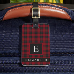 Customised Dark Maroon Red Green Chequered Pattern Luggage Tag