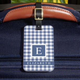 Customised Dark navy Blue White Chequered Pattern Luggage Tag