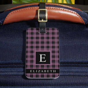 Customised Dark Violet Purple Black Chequered  Luggage Tag