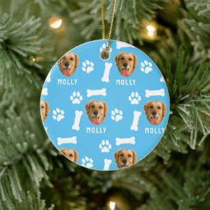 Customised Dog Pet Photo & Name Blue Ceramic Tree Decoration