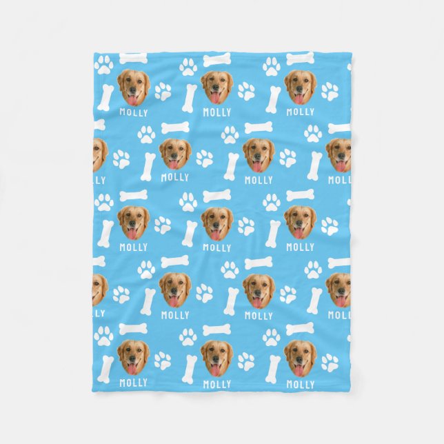 Customised Dog Pet Photo & Name Blue Fleece Blanket (Front)