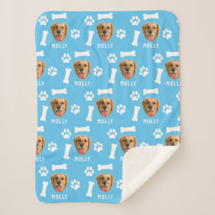 Customised Dog Pet Photo & Name Blue Sherpa Blanket