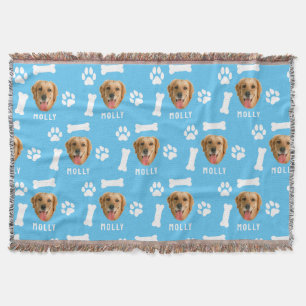 Customised Dog Pet Photo & Name Blue Throw Blanket