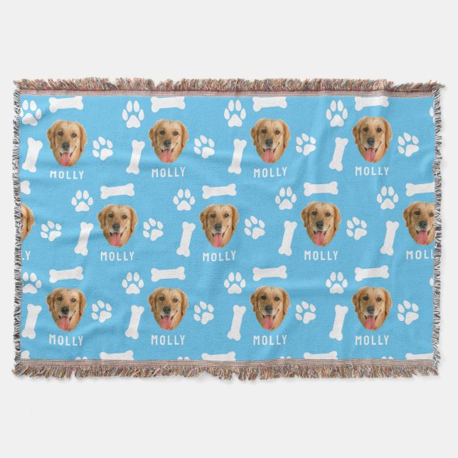 Customised Dog Pet Photo & Name Blue Throw Blanket (Front)