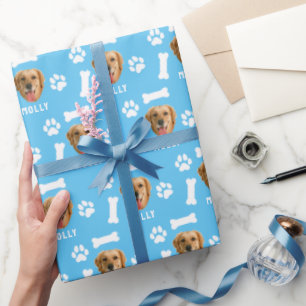 Customised Dog Pet Photo & Name Blue Wrapping Paper