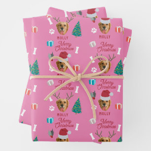Customised Dog Pet Photo Name Pink Funny Christmas Wrapping Paper Sheet