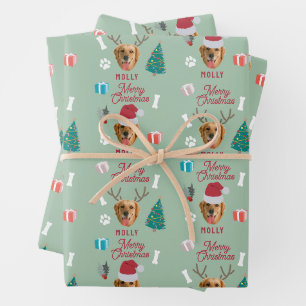 Customised Dog Pet Photo Name Sage Green Christmas Wrapping Paper Sheet
