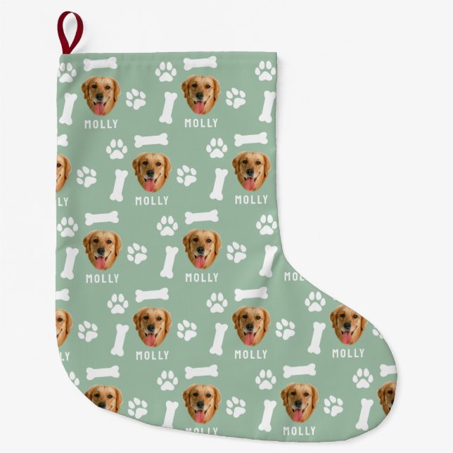 Customised Dog Pet Photo & Name Sage Green Large Christmas Stocking (Front)
