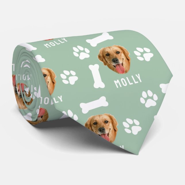 Customised Dog Pet Photo & Name Sage Green Tie (Rolled)
