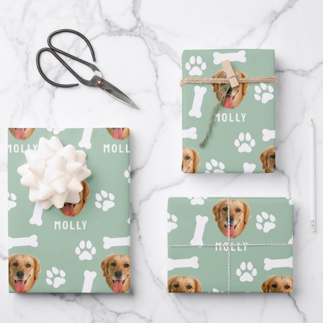 Customised Dog Pet Photo & Name Sage Green Wrapping Paper Sheet (Front)