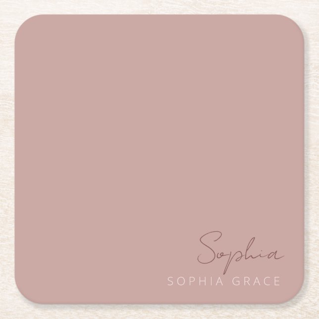 Customised Dusty Rose Modern Handwritten Script Square Paper Coaster (Front)