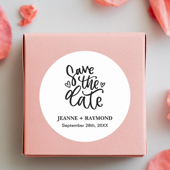 Customised Elegant Clean Wedding Save the date Classic Round Sticker (Elegant clean save the date sticker adds personalized elegance to wedding invitations.)