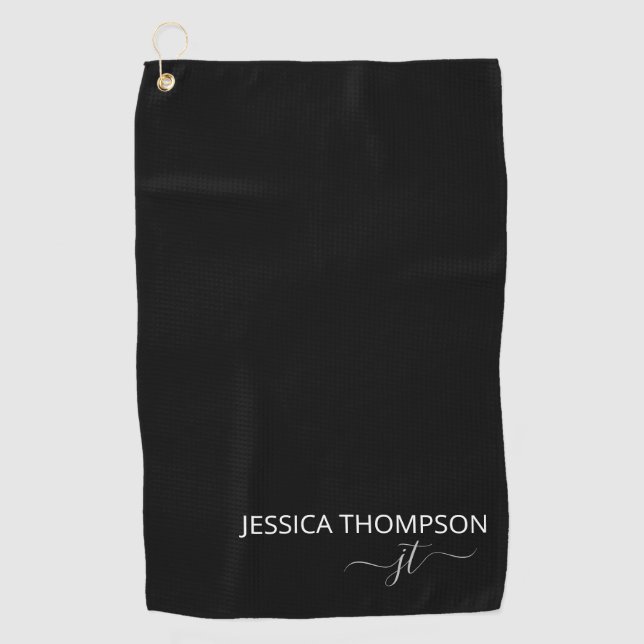 Customised Elegant Modern Monogram Name Black Golf Golf Towel (Front)