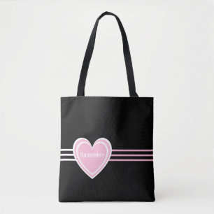 Customised Elegant Pink White Heart Stripes Black Tote Bag