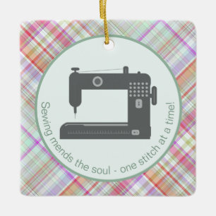 Customised Elegant Plaid Green Pink Sewing Machine Ceramic Ornament