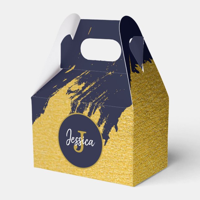 Customised Faux Gold Brushstrokes with Navy Blue Favour Box (Back Side)