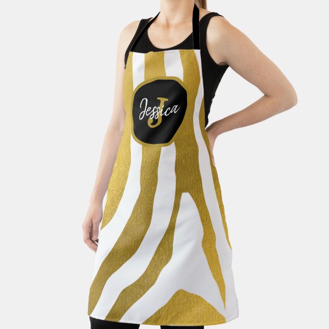 Customised Faux Gold Zebra Print Stripes Pattern Apron (Insitu)