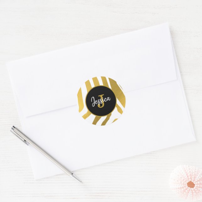 Customised Faux Gold Zebra Print Stripes Pattern Classic Round Sticker (Envelope)