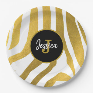 Customised Faux Gold Zebra Print Stripes Pattern Paper Plate